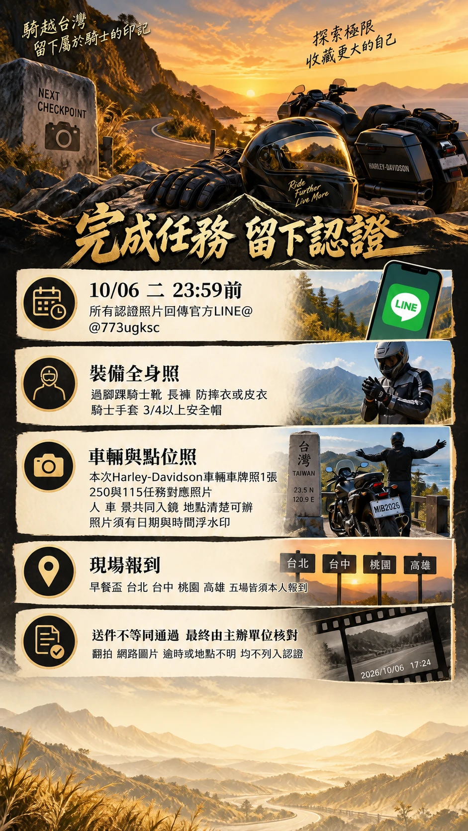 完成任務 留下認證
10/06 二 23:59前
所有認證照片回傳官方LINE@
@773ugksc
裝備全身照
過腳踝騎士靴 長褲 防摔衣或皮衣
騎士手套 3/4以上安全帽
車輛與點位照
本次Harley-Davidson車輛車牌照1張
250與115任務對應照片
人 車 景共同入鏡 地點清楚可辨
照片須有日期與時間浮水印
現場報到
早餐盃 台北 台中 桃園 高雄 五場皆須本人報到
送件不等同通過 最終由主辦單位核對
翻拍 網路圖片 逾時或地點不明 均不列入認證